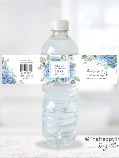 Plastic Bottle Design, Blue Hydrangea Wedding, Hydrangea Wedding, Heart Font, Hydrangeas Wedding, Typography Love, Editable Labels, Water Bottle Label, Bottle Water