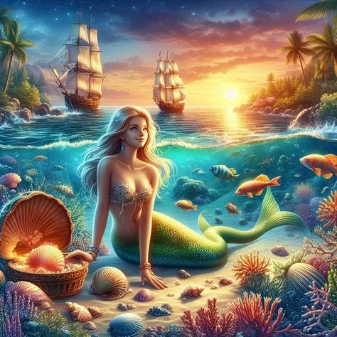 #IA #sirene #ocean Cartoon Mermaid, Mermaid Girls, Fairies Elves, Desenho Tattoo, Beautiful Mermaids, Mermaid, Fish, Illustrations, On Instagram