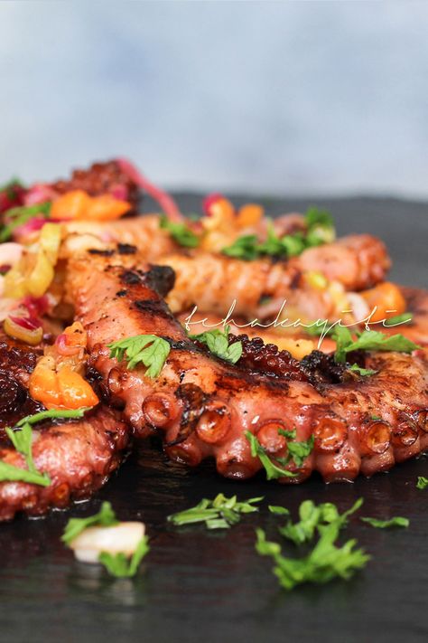 Haitian-style spicy grilled octopus Bbq Octopus Recipe, Sauce For Octopus, Octopus Recipes Grilled, Bbq Octopus, Pulpo Recipe, Grilled Octopus Recipe, Seafood Octopus, Abalone Recipe, Fried Octopus