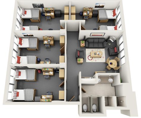 Dorm Layout, Dorm Room Layouts, Office Design Trends, Small Apartment Building, Hostels Design, 3d Architectural Rendering, Small House Layout, Architectural Rendering, House Floor Design