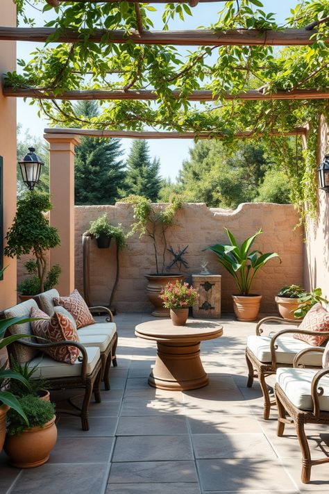 Ready to give your outdoor space a stunning makeover? Check out these 15 beautiful Mediterranean patio ideas that will help you create a sunny escape right in your backyard. From chic lounge areas to vibrant plant arrangements, discover how to elevate your outdoor experience. Perfect for gatherings, social events, or peaceful retreats, these inspirations will spark your creativity and guide you toward designing a getaway that feels like a vacation at home. Style Patio Outdoor Spaces, Spanish Style Patio Outdoor Spaces, Mediterranean Outdoor Patio, Mediterranean Patio Ideas, Spanish Style Patio, Garden Provence, Joyful Gatherings, Vacation At Home, Mediterranean Patio