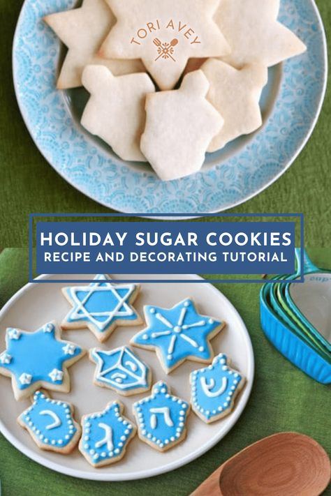 Hanukkah Holiday Sugar Cookies - Learn to make gorgeous holiday sugar cookies with royal icing in my step-by-step tutorials and recipes. | ToriAvey.com #hanukkah #sugarcookies #holidaycookies #kosher #cookingtutorial #cookietutorial #royalicing #baking #holidays #winterholidays #chanukah #TorisKitchen Hanukah Cookies Decorated, Hanukkah Cookies Recipe, Jewish Cookies Hanukkah, Hanukkah Cookies Decorated, Hanukkah Sugar Cookies, Hanukah Cookies, Chanukah Cookies, Hanukkah Baking, Royal Icing Tutorial