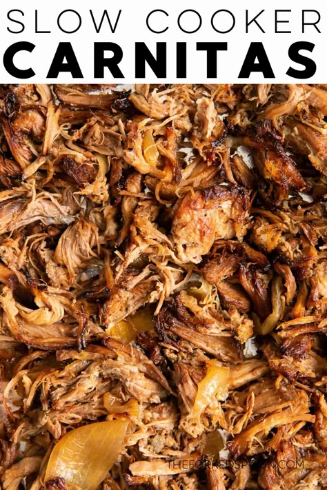 This amazing Pork Carnitas Recipe is slow-cooked until perfectly tender, juicy, and full of flavor. So easy to make, this delicious Mexican pulled pork is perfect for tacos, burritos, tostadas, and quesadillas! Pork Tostadas Shredded, Shredded Pork Tostadas, Spanish Pulled Pork Crock Pot Recipes, Pork Shredded Tacos, Pulled Pork Tostadas Recipe, Mexican Pulled Pork Slow Cooker, Shredded Pork For Tacos, Pork Loin Carnitas Instant Pot, Pork Roast Pulled Pork Crockpot