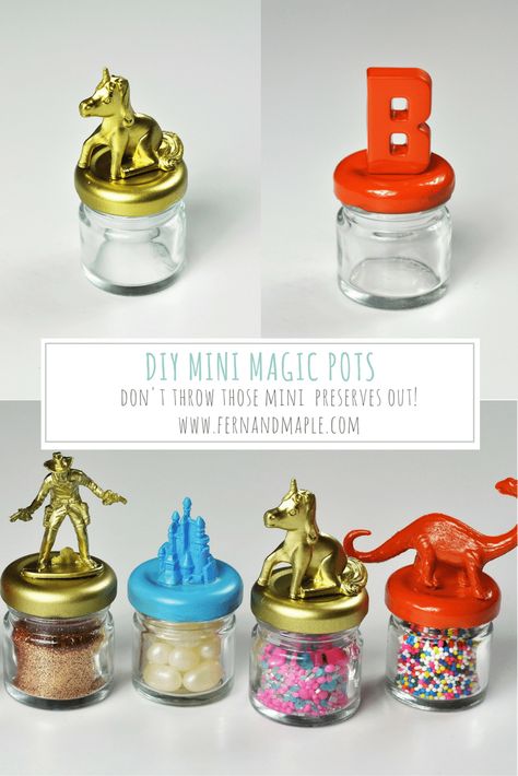 DIY Mini Pots of Magic Using Preserve Jars! #diy #partyideas #partyfavors #diycrafts #craftideas Diy Gift Jars Ideas, Mini Jars Crafts, Mini Jelly Jar Crafts, Mini Jam Jars Ideas, Tiny Jar Crafts Diy, Mini Jam Jar Crafts, Small Jars Ideas Minis, Diy Mini Containers, Tiny Jam Jar Crafts