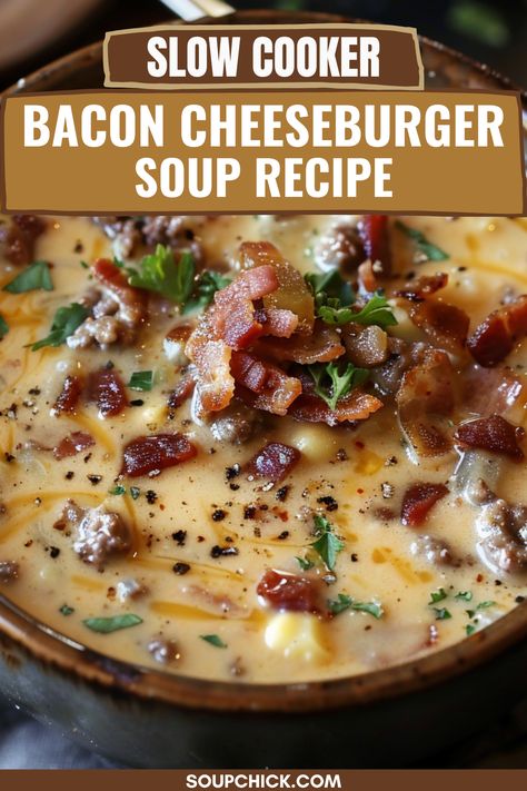 Slow Cooker Bacon Cheeseburger Soup: Comfort Food at Its Best Cheeseburger Crockpot, Slow Cooker Cheeseburger Soup, Cheeseburger Soup Crockpot, Cheesy Soup, Soup Comfort, Slow Cooker Bacon, Bacon Cheeseburger Soup, Cheese Burger Soup Recipes, Soup Crockpot