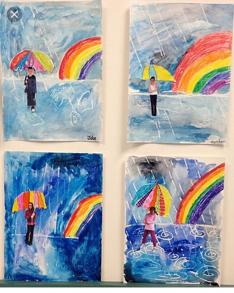 Spring showers Grade 1 Art, First Grade Art, Weather Art, Spring Art Projects, 2nd Grade Art, Classroom Art Projects, Bel Art, Elementary Art Projects, Fall Art