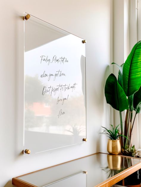 "Our blank acrylic dry erase board for writing is the best of both worlds - stunning AND functional. Use for notes, goals, grocery lists, chores, bills, or anything else you need. Flame polished clear edges give our acrylic chore charts an added level of quality. Can be hung vertically or horizontally to best suit your needs! 𝑾𝒉𝒂𝒕 𝒊𝒔 𝒊𝒏𝒄𝒍𝒖𝒅𝒆𝒅? * 1 Set of standoffs in the color of your choice * 1 Black Marker * Hanging instructions 𝑾𝒉𝒂𝒕 𝒎𝒂𝒌𝒆𝒔 𝒐𝒖𝒓 𝒃𝒐𝒂𝒓𝒅𝒔 𝒔𝒖𝒑𝒆𝒓𝒊𝒐𝒓? * Thick, sturdy, premium quality acrylic * Clear, flame polished edges * Endless uses, just wipe clean and repeat! 𝑰𝒎𝒑𝒐𝒓𝒕𝒂𝒏𝒕 𝑰𝒏𝒇𝒐𝒓𝒎𝒂𝒕𝒊𝒐𝒏 * The largest size 46\"x29\" on 1/4\" will have 8 standoffs for mounting.. 4 in the corners as shown plus an additional 4 centered on ea White Boards Ideas Office, Clear Acrylic Board, To Do List Acrylic Board, White Board Alternative, Acrylic Note Board, Home Office White Board Ideas, Acrylic To Do List Board, Acrylic Writing Board, Note Board Ideas