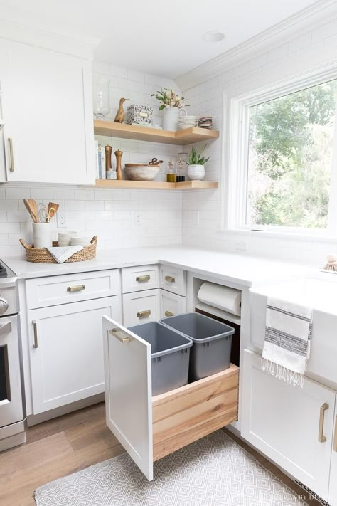 Pull-out kitchen trash can cabinet with two trash bins AND a built-in paper towel holder - I need this in my new kitchen! Built In Trash Can Cabinet, Pull Out Trash Cabinet, Trash Can Storage Kitchen, Kitchen Design Storage, Kitchen Trash Can Cabinet, Small Kitchen Cabinet Storage, Kitchen Cabinet Storage Ideas, White Kitchen Ideas Modern, Cabinet Storage Ideas