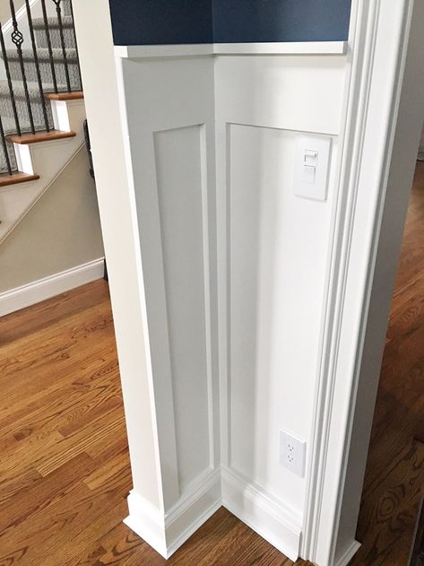 Board And Batten Around Corner, Board And Batten Corner Wall, Living Room Board And Batten, Living Room Board, Hallway Board And Batten, Board And Batten Hallway, Stair Door, Wooden Accent Wall, Wainscoting Styles