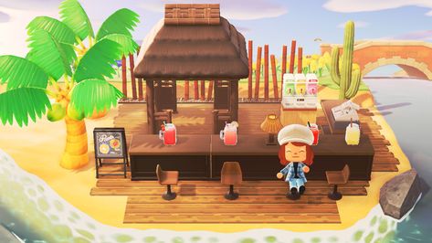 ACNH Tiki Bar inspo Acnh Beach Tiki Bar, Acnh Juice Bar Ideas, Acnh Bohemian Island, Animal Crossing Tiki Bar Ideas, Acnh Bar Ideas, Acnh Tiki Bar Design Code, Acnh Beach Bar Ideas, Acnh Sushi Bar, Animal Crossing Beach Bar