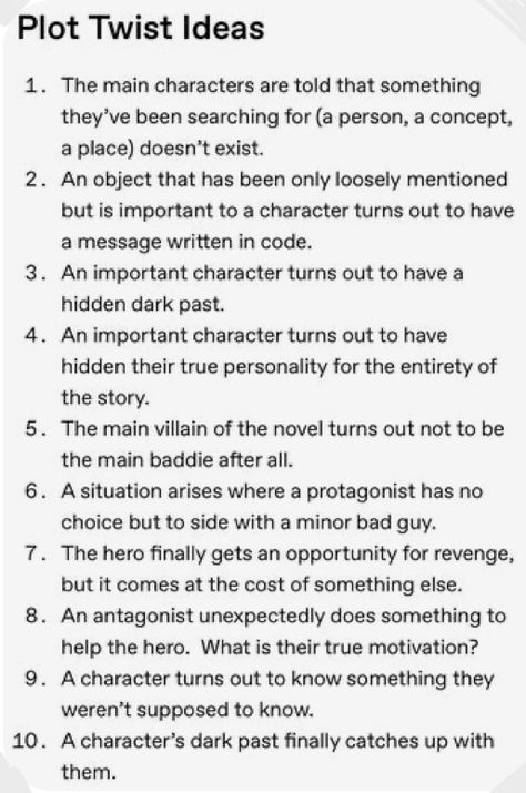 Plot twists. Important Things To Know About Your Character, Jobs For Fictional Characters, Wattpad Story Writing Tips, Fantasy World Prompts, Fictional Writing Prompts, Tips For Writing Fantasy Novels, World Building Prompts, Fantasy World Building Tips, Fantasy Book Writing Tips