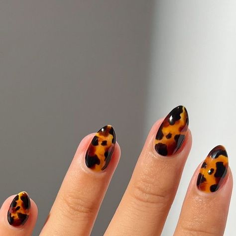 Samantha 🌹 on Instagram: "the best fall nails are tortoise shell, i get so excited to do these every year 🤎🖤  • • • #nails #nailart #nailinspo #fall #fallnails #autumn #tortoiseshell #notd #nailsnailsnails #nailsofinstagram #naildesign #nailtech #nails2inspire" Short Square October Nails, Easy Cheetah Nails, Tortas Shell Nails, Blonde Tortoise Nails, Tropical Fall Nails, Low Key Halloween Nails, Leopard Short Nails, Tort Nails, Blonde Tortoise Shell Nails