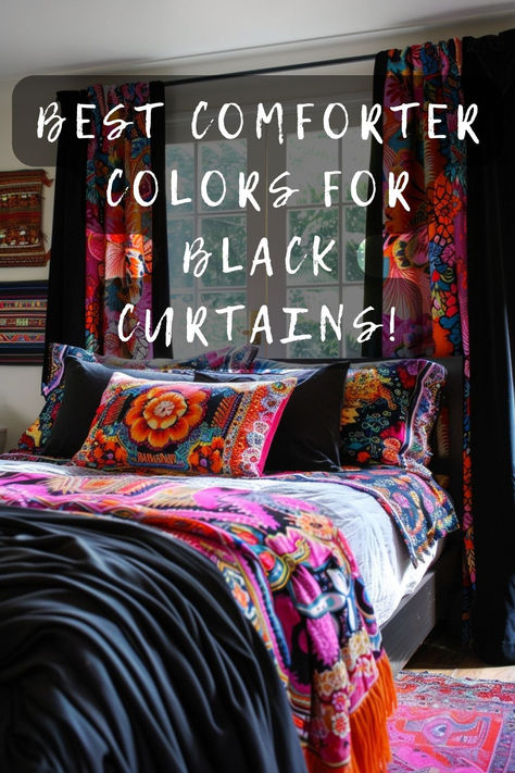 Looking for the perfect comforter to match your black curtains? Click to explore options that will beautifully complete your bedroom's look. Transform your sleep space! 🌟🛏️ #BedroomDecor #ComforterColors #BlackCurtains #SleepSpaceMakeover #DecorIdeas Black Curtain Bedroom Ideas, Black Curtains Bedroom Ideas, Bedroom With Black Curtains, Black Curtains Bedroom, Curtain Colors, Black Comforter, Cool Comforters, Colorful Comforter, S Aesthetic