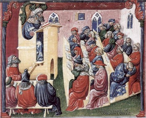 Medieval university-A university class, Bologna (1350s). Italy. Laurentius de Voltolina (fl. 1300s) Kupferstichkabinett Berlin Min. 1233.Liber ethicorum des Henricus de Alemannia, single sheet.Scena: Henricus de Alemannia con i suoi studenti. miniature, school of Bologna Laurentius de Voltolina. 2nd half of 14th c. on parchment 18x22 cm. Medieval University, St Lawrence University, Celtic Christianity, Humanities And Social Sciences, Lawrence University, Age Of Discovery, High Middle Ages, Wax Tablet, Medieval City