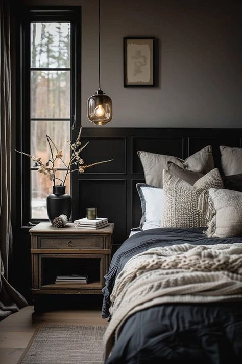 29 Dark and Moody Bedroom Ideas for a Relaxing Ambiance 75 29 Dark and Moody Bedroom Ideas for a Relaxing Ambiance Dark Style Bedroom, Bedroom With Dark Bedding, Luxury Master Bedrooms Decor Cozy, Farmhouse Moody Bedroom, Moody Cosy Bedroom, Best Moody Bedroom Paint Colors, Guest Bedroom Moody, Dark Natural Bedroom, Moody Chic Bedroom