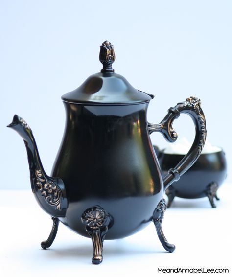 DIY Black & Gold Victorian Gothic Tea Set / Tea Pot - Goth entertaining & Home Decor - Dark Alice in Wonderland - www.MeandAnnabelLee.com - Blog for all things Dark, Gothic, Victorian, & Unusual Gothic Tea Set, Diy Tea Set, Gothic Alice In Wonderland, Gothic Diy, Victorian Tea Sets, Gothic Stuff, Dark Alice In Wonderland, Diy Tea, Annabel Lee