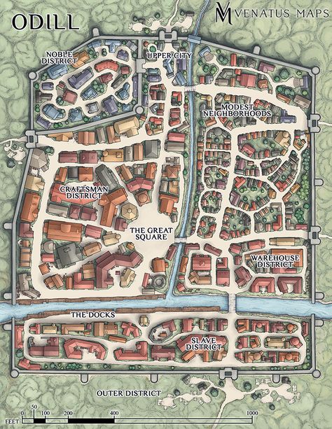 This one took a long while, but I'm excited for players to visit the city of Odill soon: Dm Ideas, Pathfinder Maps, Fantasy City Map, Fantasy Map Making, Village Map, Map Layout, Dnd World Map, Fantasy Town, Fantasy World Map