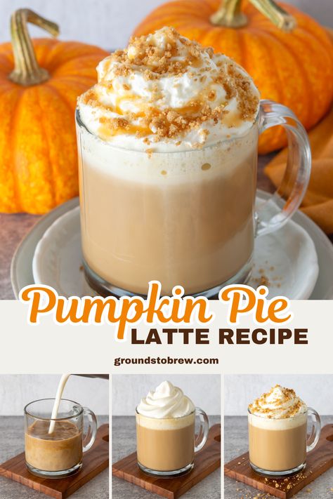 Homemade pumpkin pie latte topped with whipped cream, spiced pie crust crumbles and caramel drizzle. Torani Pumpkin Pie Syrup Recipes, Torani Pumpkin Pie Sauce Recipes, Pumpkin Pie Latte Recipe, Pumpkin Pie Spice Coffee, Chia Tea Recipe, Pumpkin Pie Coffee, Starbucks Copycat Recipes Drinks, Pumpkin Latte Recipe, Chia Tea