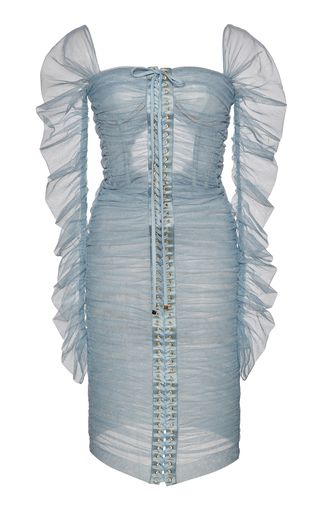 Dolce & Gabbana's tulle knee-length dress is designed with sheer ruching, dramatic long sleeves and lace-up detail throughout a fitted silhouette.  #fashion #womensfsahion #dress #blue #tulle #d&g #dolcegabbana Dolce And Gabbana Dress, Tulle Corset Dress, Tulle Corset, Gabbana Dress, Tulle Midi Dress, Dragon Bracelet, Dolce Gabbana Dress, Lace Bustier, Bustier Dress