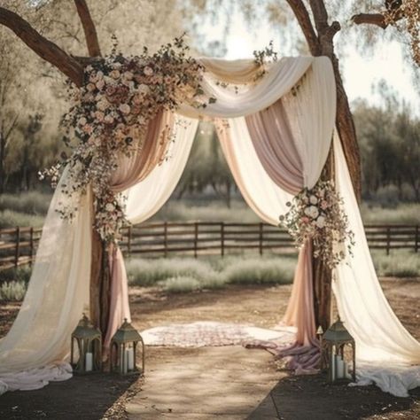 Wedding Arch Way Ideas, Arch Way For Weddings, Outdoor Wedding Altar Decor, Wedding Arch Without Flowers, Arch Drapery Wedding, Boho Arches For Weddings, Altar Ideas Wedding, Outdoor Wedding Arches, Outdoor Wedding Arch Ideas