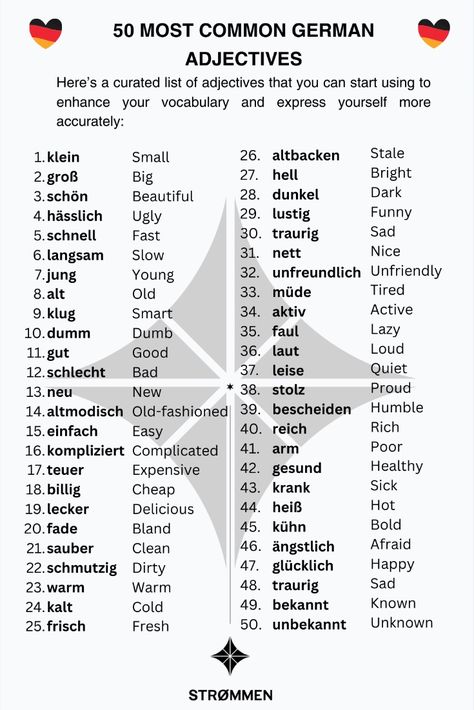 THE 50 MOST COMMON GERMAN ADJECTIVES Adjectives In German, German Basic Vocabulary, German Word Of The Day, How To Learn German Fast, German Vocabulary List A1-a2, German Worksheets For Beginners, German Vocabulary List A1-b2, German Language Learning For Beginners, How To Learn German