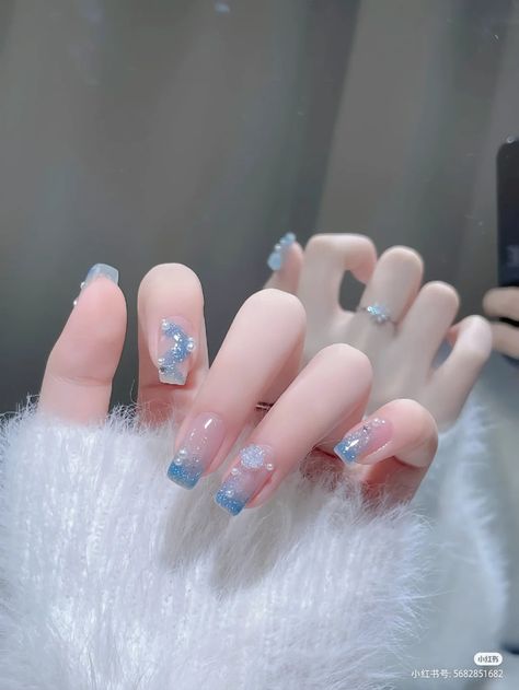 Nail Colors Light Blue, Nail Colors Light, Cute Nails Korean, Powder Blue Nails, Nails Korean, Summer Nail Colors, Light Blue Nails, Hello Nails, Korean Summer