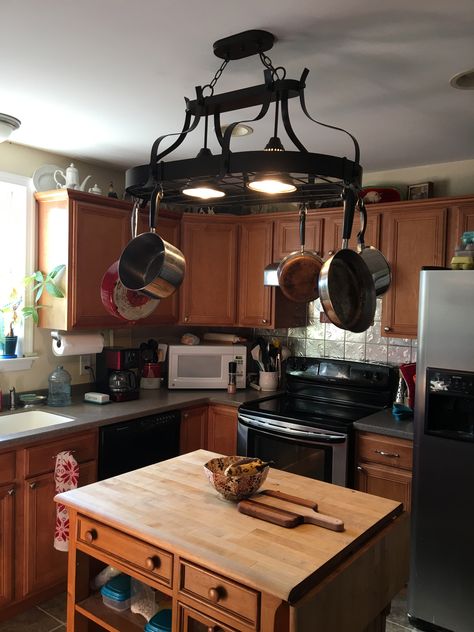 Pot And Pan Hanger Ceilings, Pot Rack Light Fixture, Pot Rack Light, Kitchen Lighting Ideas Over Island, Pan Hanger, Refrigerator Ideas, Pot Hangers, Kitchen Revamp, Pot Rack Hanging