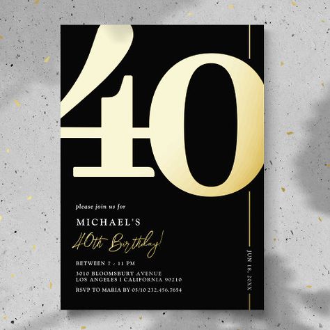 $ 3.95 | Elegant Forty 40th Birthday Party Foil Invitation - forty, 40th birthday invitations, pressed foil birthday invitations, elegant, typography, milestone, adult birthday invitation, modern, real foil birthday invites, black and gold Elegant Birthday Invitations, 40th Birthday Party Invites, Number 40, Diy Birthday Invitations, 40th Birthday Party, 40th Birthday Invitations, Adult Birthday Invitations, Elegant Birthday, Foil Invitations