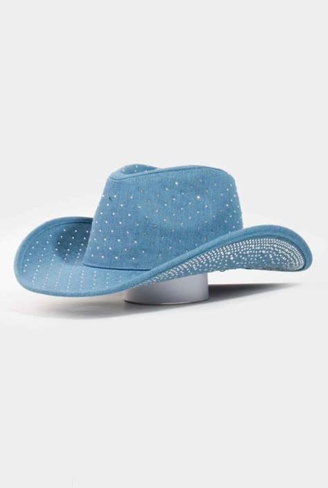 Rhinestone studded denim cowboy hat Denim Cowboy Hat, Rhinestone Cowboy Hat, Cowboy Hat Styles, Denim Cowboy, Diamond Theme, Light Grey Leggings, Rhinestone Cowboy, Denim And Diamonds, Hat Styles