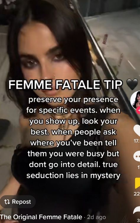 tiktok lines How To Divine Feminine, How To Become A Female Fatale, Dark Feminine Sayings, Dark Feminine Advice, Dark Feminine Look, How To Be A Maneater, Dark Feminine Manifestation, Fatal Feminine, How To Become Dark Feminine