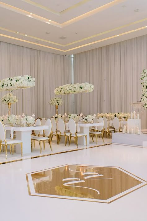 Ashley & Alburt — MUSE Event Co. White Vinyl Dance Floor Wedding, Wedding Halls Designs, Wedding Reception Hall Decorations, Gold And White Wedding Decorations, White Wedding Decor Elegant, Wedding Hall Decor, Wedding Hall Design, Wedding Decor Romantic, Aesthetic Bath