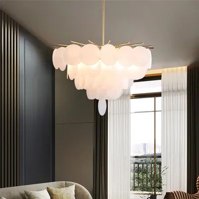 Contemporary 12-Light White Glass Living Room Chandelier in Brass White Glass Chandelier, Glass Living Room, Types Of Ceilings, Living Room Chandelier, Brass Ceiling Light, Kitchen Chandelier, Room Chandelier, Translucent Glass, Cloud Shapes