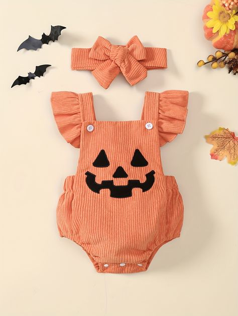 Adorable Cartoon Pumpkin Embroidery Romper Set for Baby Girls - Soft Corduroy Cap Sleeve Bodysuit with Hairband for Halloween Party, Toddler & Infant Sizes Available https://share.temu.com/8TuMIvO3c1A via @shoptemu Baby Pumpkin Outfit, Diy Baby Costumes, First Halloween Costumes, Baby Halloween Outfits, Baby Kostüm, Pumpkin Outfit, Baby First Halloween, Newborn Baby Girl Outfit