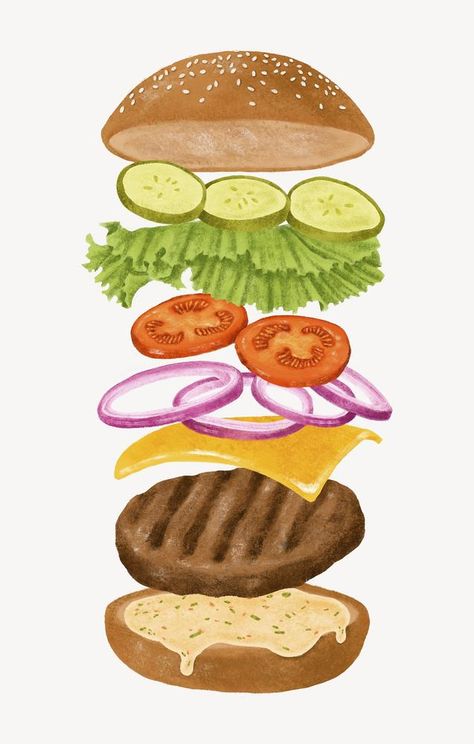 Food Illustration Art Graphics, Hamburger Painting, Cookbook Drawings, Food Anatomy, Fast Food Drawing, Burger Wallpaper, Burger Painting, Hamburger Drawing, Hamburger Art