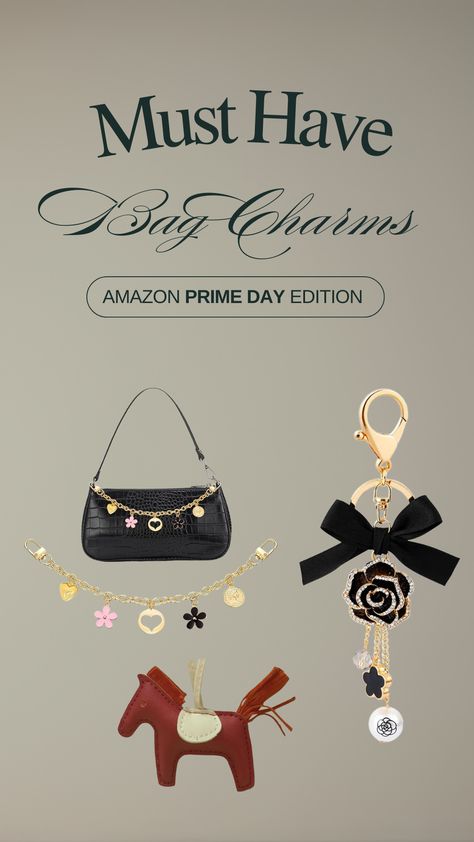 Stylish bag charms on display for Amazon Prime Day Edition. Featuring a black handbag adorned with gold and floral charms, a black ribbon flower keychain, and a brown leather horse charm. Perfect accessories for adding a touch of elegance and personality to any purse Must Have Purses, Leather Charms, Amazon Must Haves, Bags Game, Amazon Prime Day, Amazon Storefront, Bag Charms, Prime Day, Amazon Prime