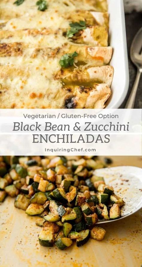 Black Bean Zucchini, Zucchini And Cheese, Zucchini Enchiladas, Roasted Tomato Salsa, Black Bean Enchiladas, Vegetarian Enchiladas, Bean Enchiladas, Roast Zucchini, Green Enchilada Sauce