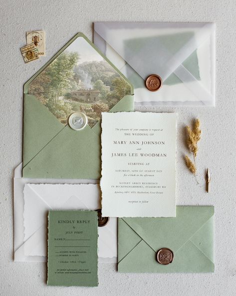 wedding invitations elegant / classic Green Wedding Cards, Romantic Envelope, Sage Green Wedding Invitations, Romantic Wedding Stationery, Vintage Sage Green, Handmade Wedding Stationery, Mountain Wedding Invitations, Wedding Invitations Uk, Stylish Wedding Invitation