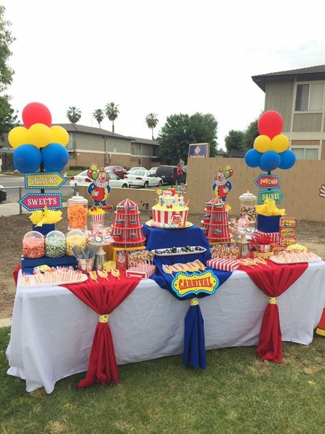 Dessert Table - Circus Carnival Theme Candy Table, Carnival Birthday Party Set Up, Carnival Candy Table Ideas, 3rd Carnival Birthday Party, Carnival Theme Party Table Set Up, Carnival Themed Table Decor, Carnival Sweets Table, Carnival Treat Table, Fence Party Decorations