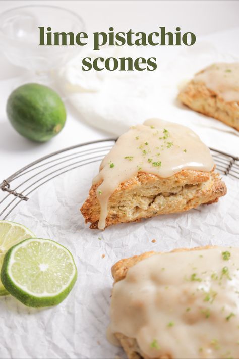 lime pistachio scone, triangle-shaped, with dripping glaze and garnished with lime zest Key Lime Scones Recipe, Coconut Lime Scones, Pistachio French Toast, Key Lime Scones, Pistachio Scones Recipe, Pistachio Scones, Lime Scones, Lime Glaze, Breakfast Recipies