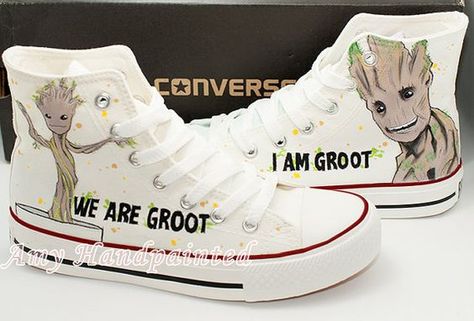 Painting Canvas Shoes, Guardians Of Galaxy, Cool Converse, Marvel Shoes, Women Converse, Groot Guardians, Couple Presents, Marvel Clothes, I Am Groot