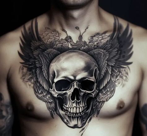 Skull Wings Tattoo Design, Skull With Angel Wings Tattoo, Eagle With Skull Tattoo, Skeleton With Wings Tattoo, Skull And Wings Tattoo, Skull With Wings Tattoo, Skull Wings Tattoo, Skull Chest Tattoo, Angel Wings Tattoos