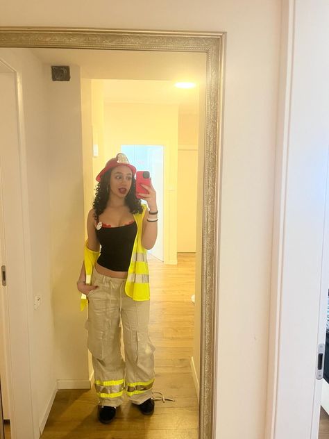 Firefighter costume First Responders Costumes, Fire Fighter Costume Women Diy, Cop And Firefighter Costume, Firefighter Halloween Costume College, Firefighter Costume Man, Women’s Firefighter Costume, Female Firefighter Costume, Usa Halloween Costume, Firefighter Women Costume