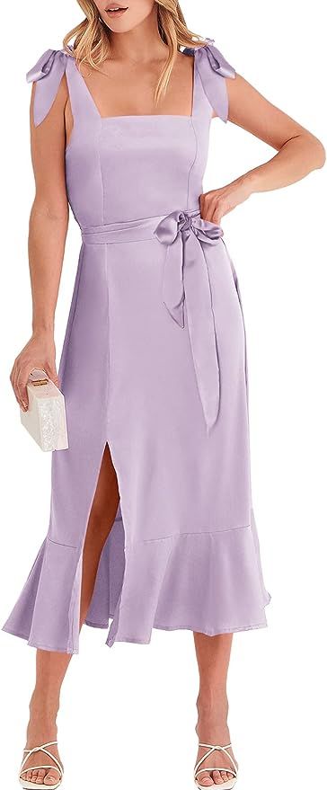 Amazon.com: ANRABESS Women's Satin Formal Dress Square Neck Ruffle Split Midi Bridesmaid Dress for Wedding Guest Cocktail Party : Clothing, Shoes & Jewelry Midi Formal Dress, Midi Bridesmaid Dress, Satin Formal Dress, High Low Midi Dress, Rent Dresses, Elegant Bridesmaid Dresses, Midi Dress Formal, Purple Satin, Rent The Runway