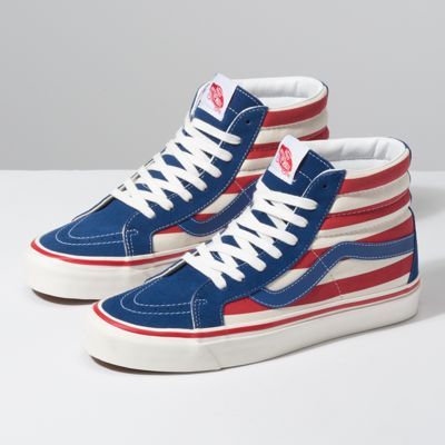 #red #white #blue #vans #fourthofjuly #july4th #independence #day #holiday #barbecueoutfit #outfit #barbecue #picnic #celebration #vanoutfit #dopekicks #sneaker #sneakerhead #head #forhim #forher #gifts #forthefourth #thefourth #apparel #shoes #hightops #unique #dope #lit #hightop Comfortable Mens Shoes, Vans Checkerboard, Vans Store, Blue Vans, Sneakers Vans, Shoes Diy, White Camo, Vans Sk8 Hi, Ankle Support