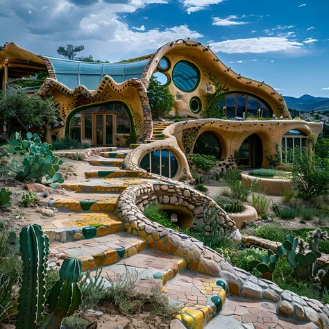 Discover the artistic beauty of this contemporary Earthship home set in a vibrant desert landscape. The house features an organic, flowing design with intricate stone and tile work, large rounded windows, and tiered terraces that blend indoor and outdoor spaces. This eco-friendly residence exemplifies sustainable living, harmonizing modern design with the natural surroundings. Explore the fusion of art and sustainability in this unique Earthship retreat. Earthship Design Architecture, Earth Ships Homes, Sustainable Community Design, Earthship Mansion, Earth Ship House, Earthship Home Cold Climate, Organic Modern Architecture, Earth Ship Homes, Eco Mansion