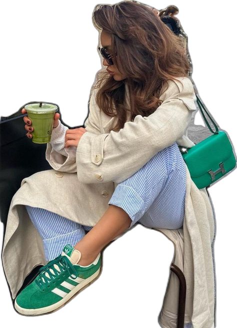 Outfits With Green Shoes, What Goes With Green, Green Adidas Shoes Outfit, Green Adidas Gazelle, Green Hermes, Green Bag Outfit, Green Shoes Outfit, All Green Outfit, Adidas Gazelle Outfit