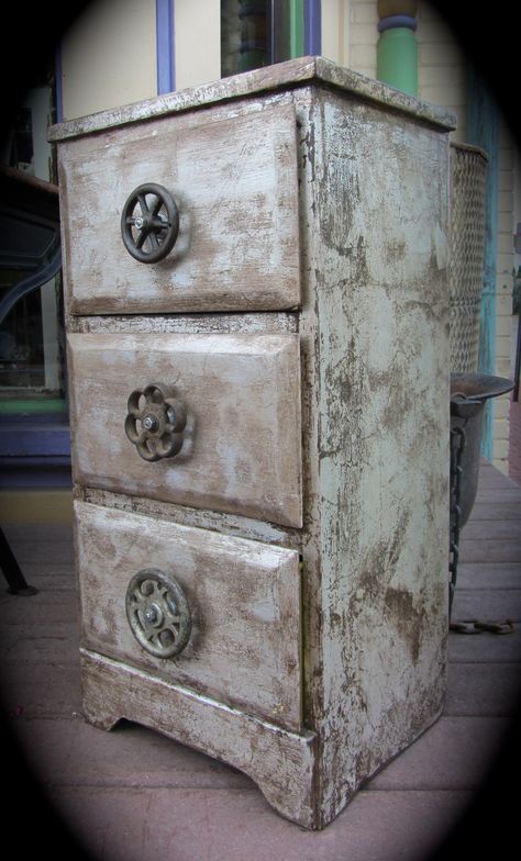 Steam-Punk Style Dresser 14" w x 11" d x 27" t $185.00 ...the finish is silver foil with an expresso glaze.... Steam Punk Bathroom, Steam Punk Bedroom, Steampunk Bedroom Ideas, Victorian Cafe, Steampunk Bedroom Decor, Copper Office, Self Perception, Stairs Basement, Steampunk Rooms