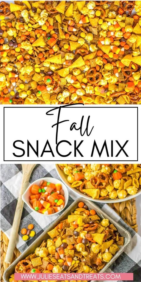 Get into the autumn spirit with our tasty Fall Snack Mix! It's chock-full of goodies like wheat and corn Chex cereal, mini pretzels, Bugles, and caramel corn with peanuts. Then, we've added a sweet twist with Reese's Pieces, candy corn, and cute candy pumpkins. All these delicious bits are tossed with a mix of melted butter, brown sugar, and vanilla. It's a cozy, fun, and irresistibly scrumptious snack for the season! Chex Mix With Candy Corn, Candy Corn Chex Mix Recipes, Candy Corn Snack Mix Recipes, Fall Chex Mix Recipes Candy Corn, Candy Corn Mix Fall Snacks, Fall Snack Foods, Fall Trail Mix Recipe, Bugles Snack Mix, Fall Snack Mix Recipes