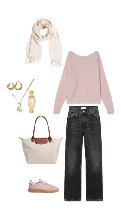 fall, outfit inspo, adidas, pink, autumn, cozy, longchamp Fall Outfits Blonde Hair, Winter Clothes Inspo Outfit, Fall France Outfit, Canadian Spring Outfits, Autumn Outfits Cozy, Light Pink Sweater Outfit, Light Pink Outfit Ideas, Pink Winter Outfits, Paris Winter Outfits