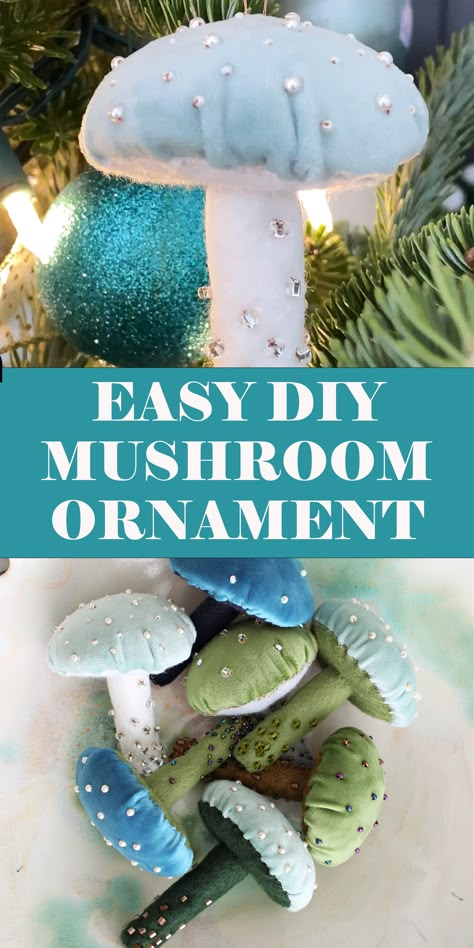 DIY mushroom Christmas tree ornaments made with a felt base and velvet top, decorated with beads. Fabric Mushroom Ornaments, Mushroom Tree Ornaments, Felt Mushroom Diy, Mushrooms Diy Decoration, Diy Velvet Mushroom Ornaments, Mushroom Christmas Decorations Diy, Diy Fabric Mushrooms Free Pattern, Diy Felt Mushroom Ornament, Beaded Felt Ornaments Diy